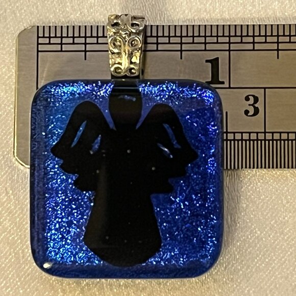 Deep Blue Dichroic Glass Angel Silhouette Pendant • 1” Square - Picture 3 of 6